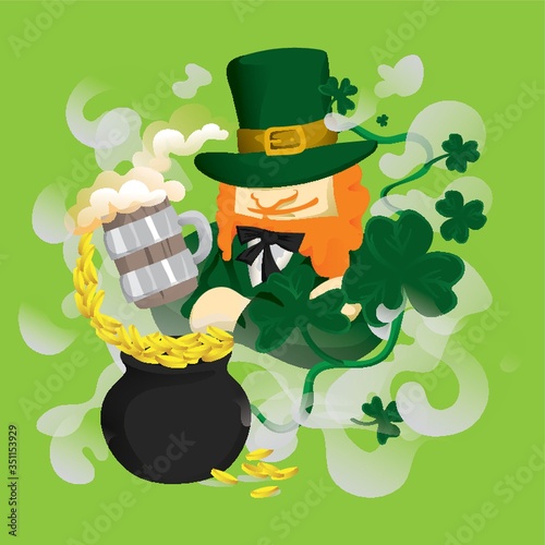 leprechaun with beer mug and pot of gold