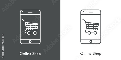 Símbolo de aplicación de tienda en línea. Icono plano lineal con texto Online Shop con carrito de la compra en teléfono inteligente en fondo gris y fondo blanco