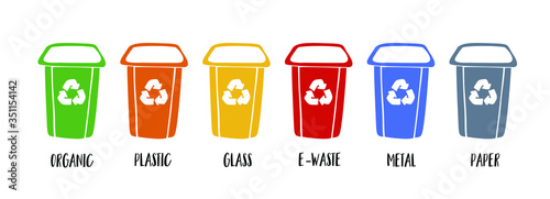 Colored trash bins for sorting garbage. Ecology and recycling concept. Colorful trash containers isolated on a white background. vector flat illustration.