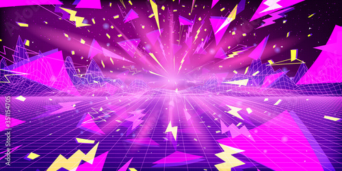 Vector abstract background, neon horizon in retro future style, bright flash in the center with flying particles of geometric objects.