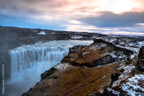 Dettifoss, Northeast Iceland, the largest waterfall in Europe, at sunset