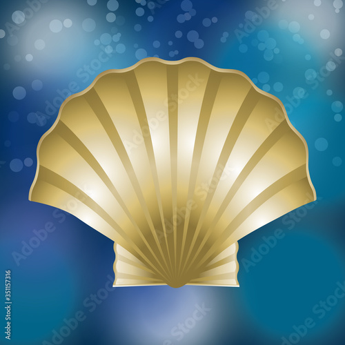 Illustration vectorielle d’une coquille Saint-Jacques or sur un fond de mer bleu.
