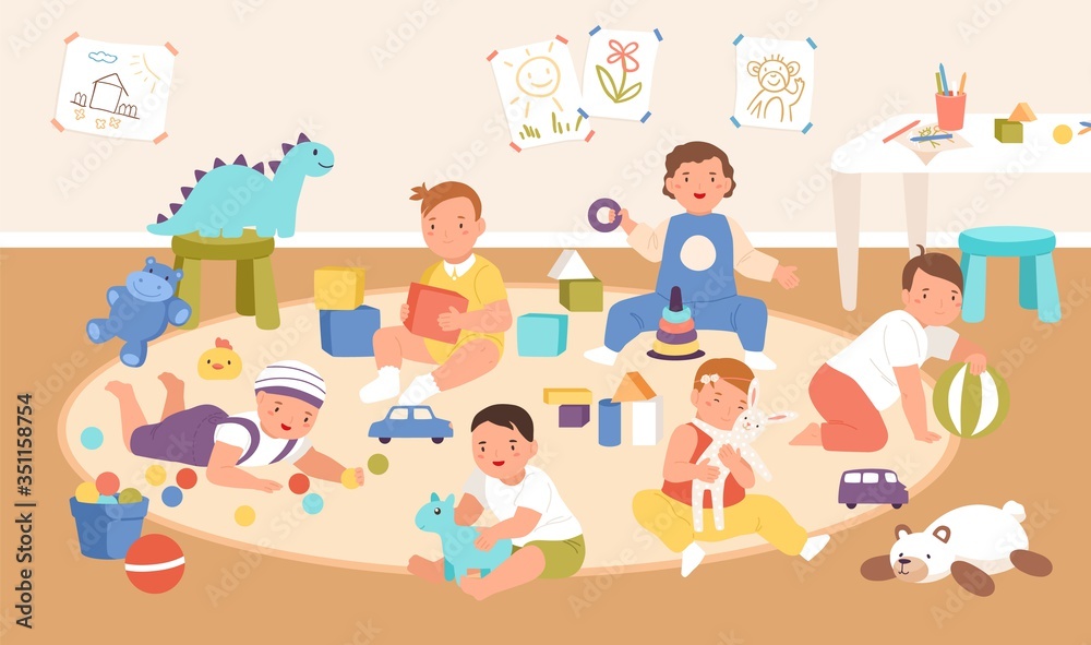 Happy cute kid playing with different toys and cubes at kindergarten interior vector flat illustration. Smiling boys and girls spending time at children playroom. Joyful babies at day nursery
