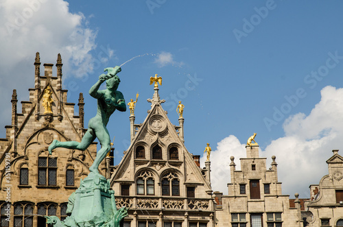 Antwerp, Flanders, Belgium. August 2019. The town hall square, overlook the most beautiful buildings in the city. Detail of the Brabone fountain, dedicated to the founder of the city.