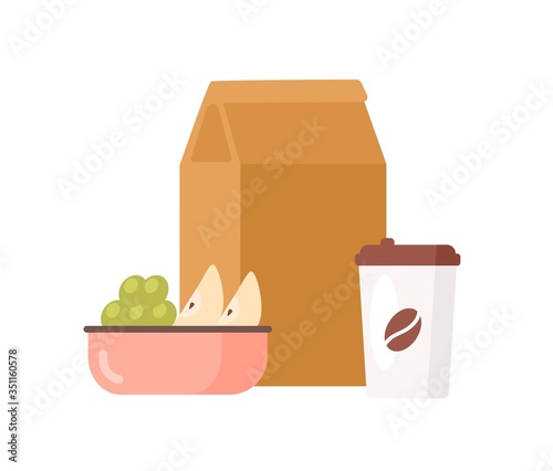 Colorful appetizing fresh food to go vector flat illustration. Paper package with meal, coffee cup, bowl with juicy apple and grape isolated on white background. Delicious lunch packaging