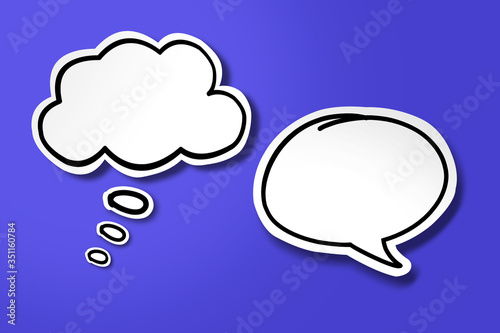 White paper cut speech bubble and think bubble on blue background.