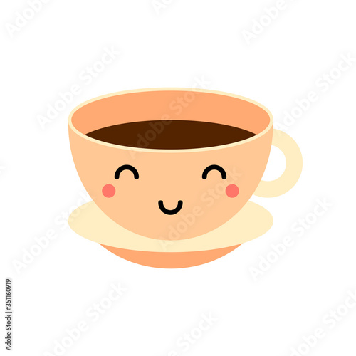 Kawaii coffee, tea cup illustration. Cute cup with hot drink isolated on white background. Funny character with eyes, mouth. Smiling friendly mascot face. Cartoon sticker. Vector good morning image