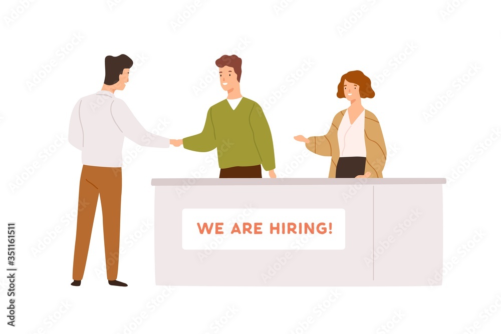 Friendly man and woman head hunter shaking hands with candidate during hiring process vector flat illustration. Professional recruiter and male after interview isolated on white background