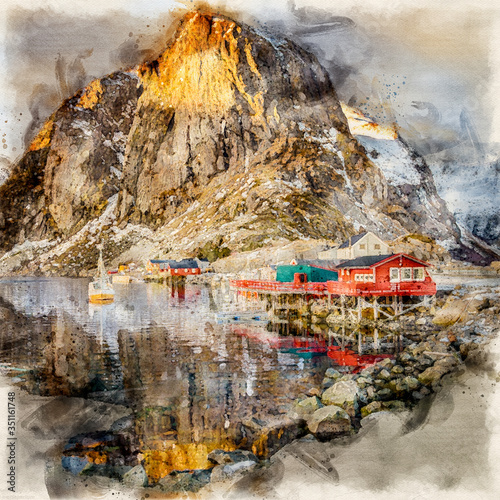 Fishermen village in Lofoten - Watercolor
