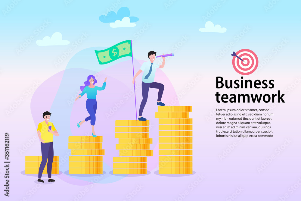 Business people office workers standing on different stack golden coins. Savings or income increase, growth. Vector flat cartoon graphic design illustration. Business people office workers standing on different stack golden coins. Savings or income increase, growth. Vector flat cartoon graphic design illustration.