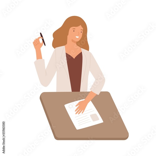 Smiling girl writing test with paper and pen sitting at desk vector flat illustration. Happy woman representation of resume isolated on white background. Joyful recruiter female review cv applicant