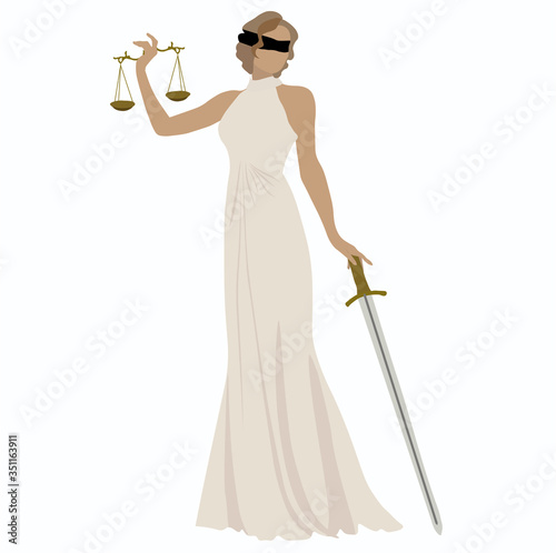 Vector stock illustration of the statue of Themis legal. Greek goddess of justice. Judicial logo for lawyer and Prosecutor. Scale and a sword in her hands and blindfold over her eyes.
