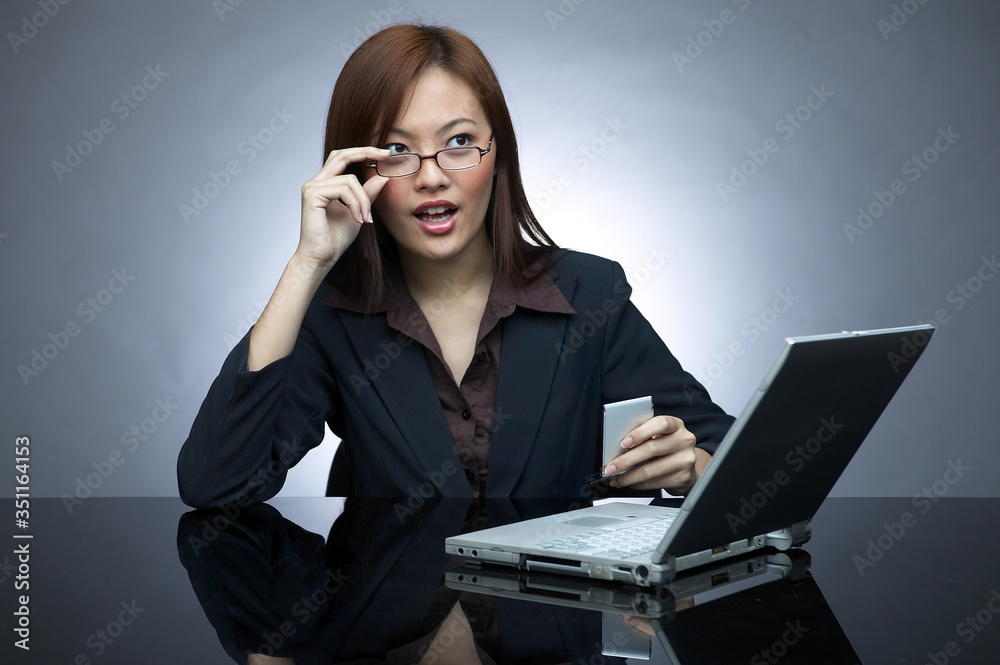 Bespectacled business woman doing work on the laptop Bespectacled business woman doing work on the laptop