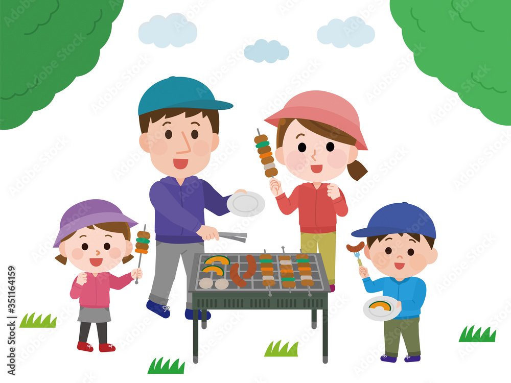 バーベーキューする 家族 木 イラスト バーベーキューする 家族 木 イラスト
