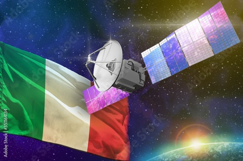 Fototapeta Naklejka Na Ścianę i Meble -  Space communications technology concept - satellite with Italy flag, 3D Illustration