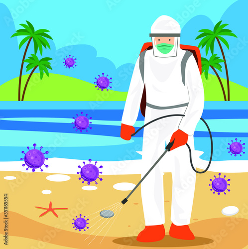 Vector illustration of a coronary injection (Covid-19) personnel sterilizing spray seaside