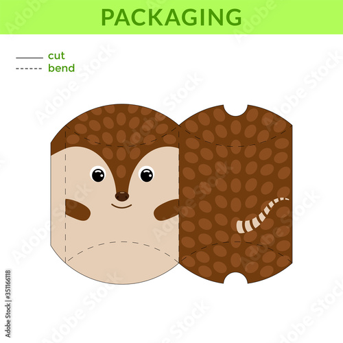 Adorable DIY party favor box for birthdays, baby showers with cute armadillo for sweets, candies, small presents, bakery. Printable color scheme. Print, cut out, fold, glue. Vector stock illustration.