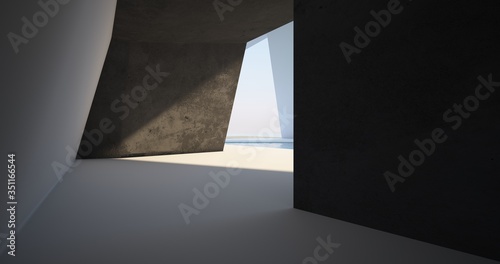 Abstract architectural minimalistic background. Modern villa made of black concrete.   ontemporary interior design. View from the lobby to the sea . 3D illustration and rendering.