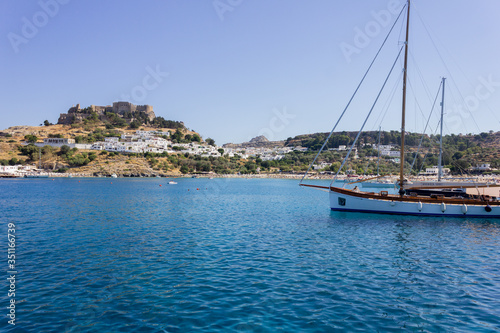 Lindos Village in Rhodes  Greece - 07 07 2018   view of a yacht in the sea.