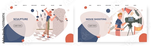 Artist sculptor creates new sculpture in his studio. Movie and television operator with his camera. Concept illustration. Vector web site design template. Landing page website illustration