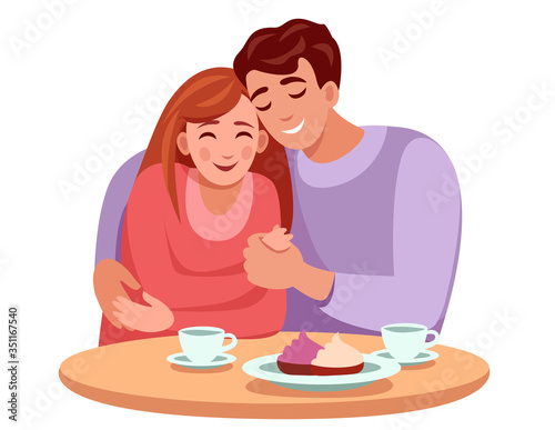 Two lovers at a table in coffee, hugging, holding hands, they have a date, love. Cups of coffee and cakes on table