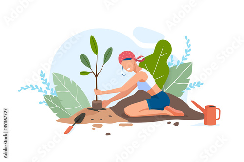 Farmer woman planting tree in garden. Ecology, organic, botanica, green plants, watering a plant, grows trees concept. People gardening. Trendy flat vector isolated illustration.
