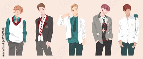 Young student of college or school set. Collection of boys in uniform. Concept banner for unisexual educational institution. Character teenager. Millennial generation. Flat vector stock illustration.