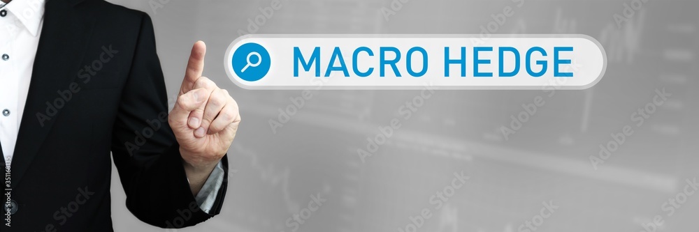 Obraz premium Macro Hedge. Businessman (Man) in a suit pointing with his finger to a search box. The word is in focus. Blue Background. Business, Finance, Statistics, Analysis, Economy