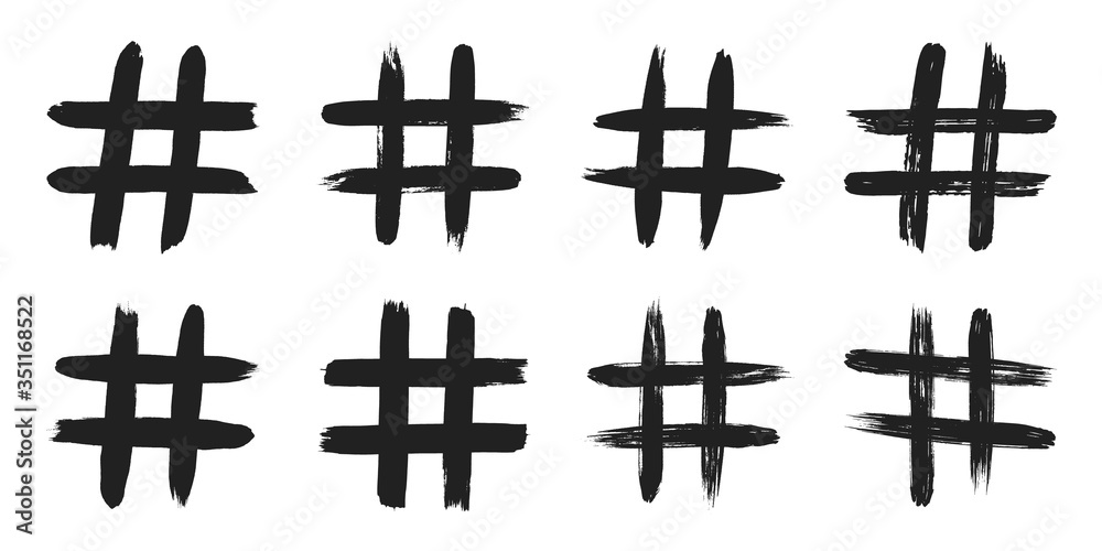 Hashtag hand drawn brush strokes set dirty art symbol icon sign isolated on white background. Black and white composition of the symbol hashtag.
