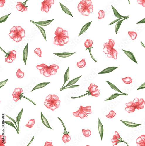 Floral watercolor hand-drawn seamless pattern. Red flowers, buds, petals and green leaves isolated on a white background. Romantic print for fabric or wrapping paper.