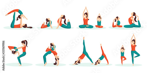 Mother and daughter do yoga. Asanas for children with parents. Set of vector illustrations in the flat style of family yoga with a child.