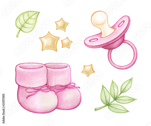 Pink booties and nipple for a newborn baby girl. Watercolor cute set of elements isolated on a white background.
