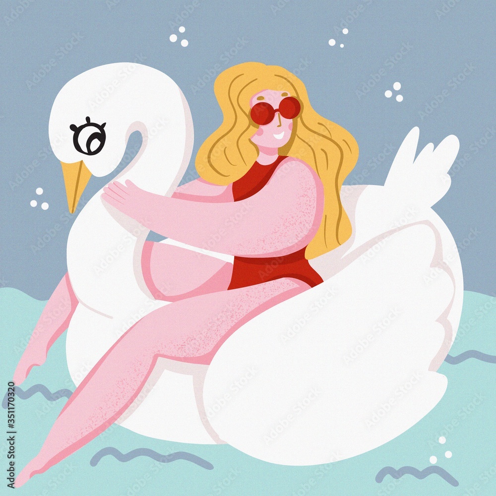 Girl on an inflatable swan. Summer illustration. image in blue ocean waves with modern calligraphy Best Summer isolated on white background Girl on an inflatable swan. Summer illustration. image in blue ocean waves with modern calligraphy Best Summer isolated on white background
