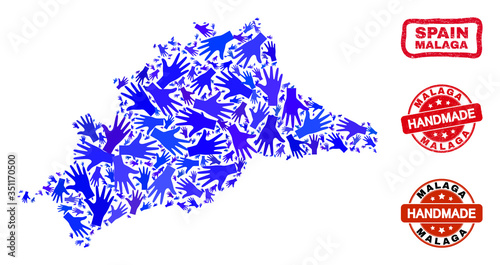 Vector handmade composition of Malaga Province map and rubber stamps. Mosaic Malaga Province map is done of scattered blue hands. Rounded and awry red watermarks with scratched rubber texture.