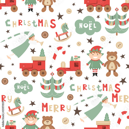 Christmas Seamless pattern. Cute Christmas Characters and Objects - Angel  Elf  Bear  Tree  Wooden Toys. Xmas background. Vector Print for Wallpaper  Packing. Don t contain clipping mask and gradient.