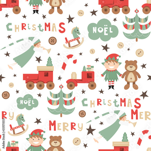 Christmas Seamless pattern. Cute Christmas Characters and Objects - Angel, Elf, Bear, Tree, Wooden Toys. Xmas background. Vector Print for Wallpaper, Packing. Don't contain clipping mask and gradient.
