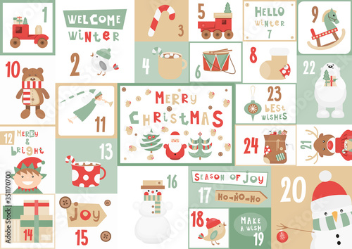 Advent calendar. Kids Christmas Poster with Cartoon Christmas Characters and Symbols. Vector Illustration. Set of Cards with Dates.