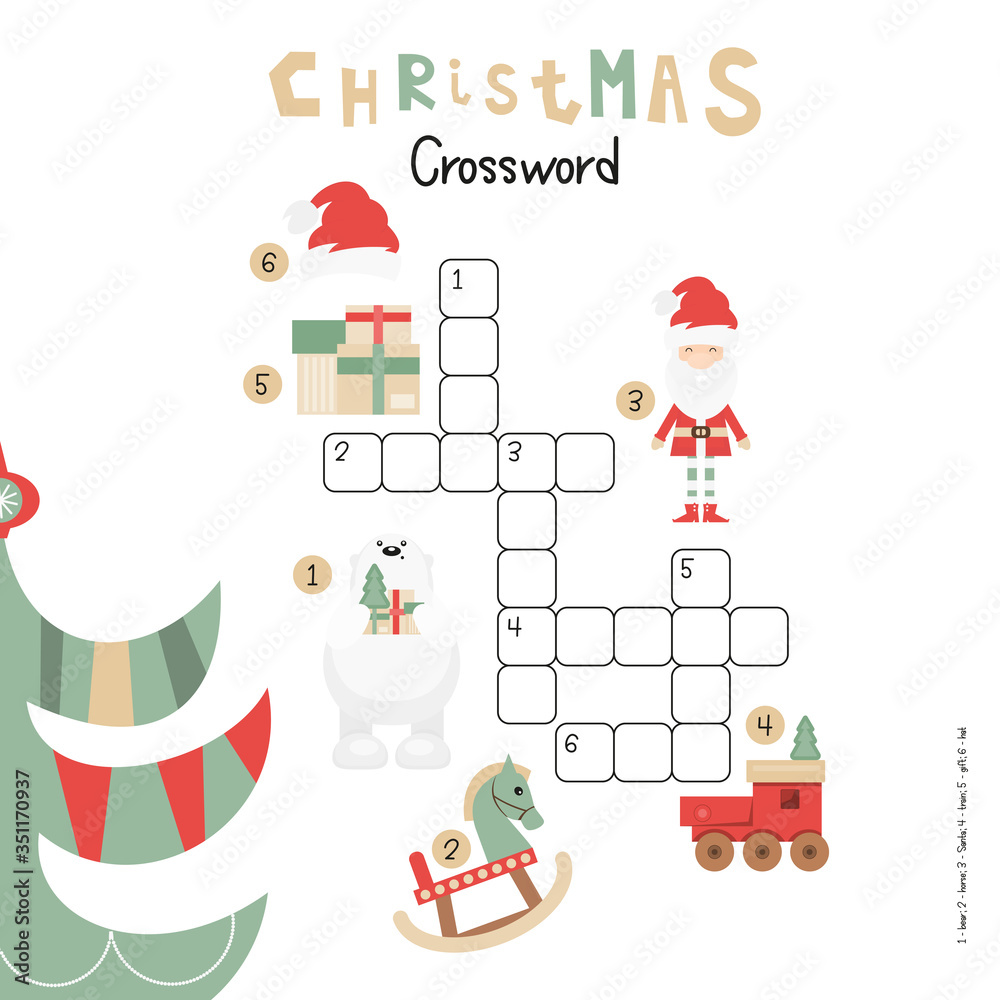Christmas Kids Crossword in English. Puzzle Game with Cartoon Christmas Characters and Symbols - Santa, Polar Bear, Toys, Gifts. Games for Preschool, Kindergarten, School. Vector Illustration.