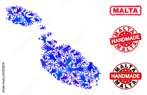 Vector handmade combination of Malta map and rubber stamp seals. Mosaic Malta map is made with scattered blue hands. Rounded and awry red seals with distress rubber texture.