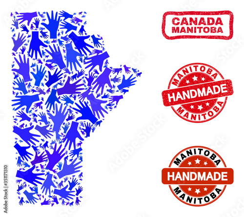 Vector handmade collage of Manitoba Province map and rubber stamp seals. Mosaic Manitoba Province map is organized of scattered blue hands. Rounded and awry red seals with corroded rubber texture.
