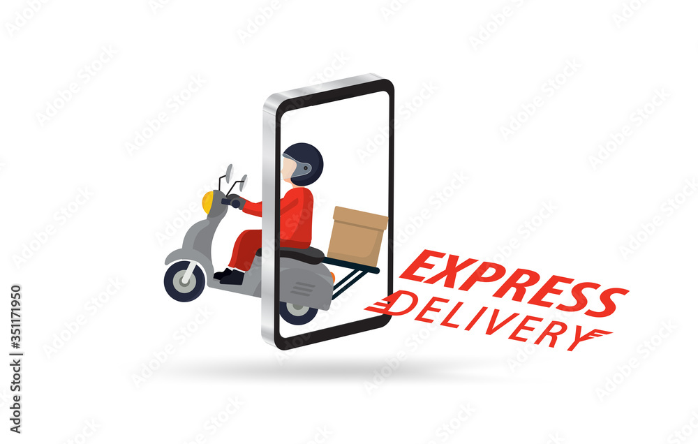 Fast delivery man by scooter in logistic food service with smartphone app program.