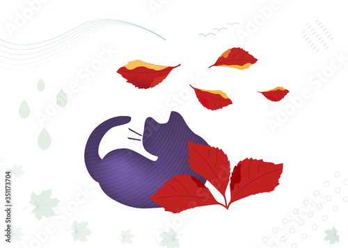 Autumn illustration, banner, cover or website background. Street Sad Grumpy Cat Lies and Looks at the Falling maple and wild grape Leaves. Adopt concept of homeless animals in the fall. 