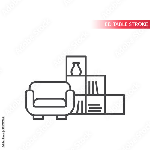 Sofa or armchair with book shelves, living room interior furniture thin line vector icon. Outline, editable stroke.