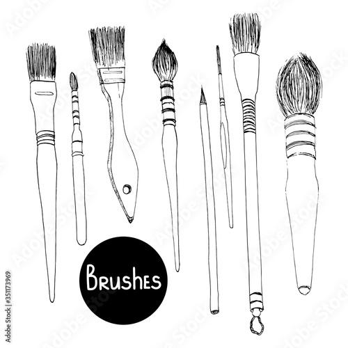 Doodle graphic collection of brushes for painting. Vector illustration isolated on a white background. Contours are drawn by hand.