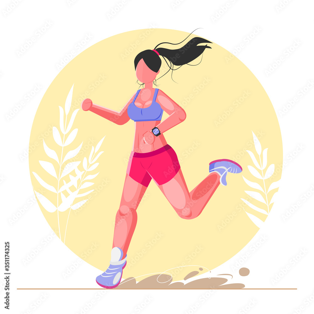 Running woman. Beautiful girl in excellent sport shape runs. Cartoon realistic illustration. Flat sportive people. Concept sports lifestyle, training. Fitness. Vector illustration in flst style