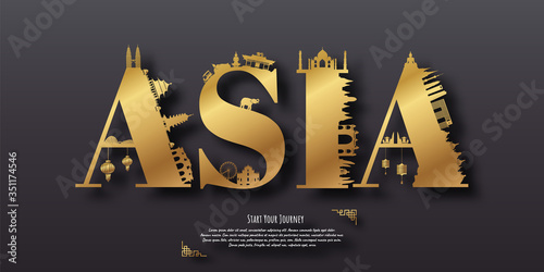 Asia Landmarks Travel postcard, poster, tour advertising of world famous landmarks. Vectors illustrations