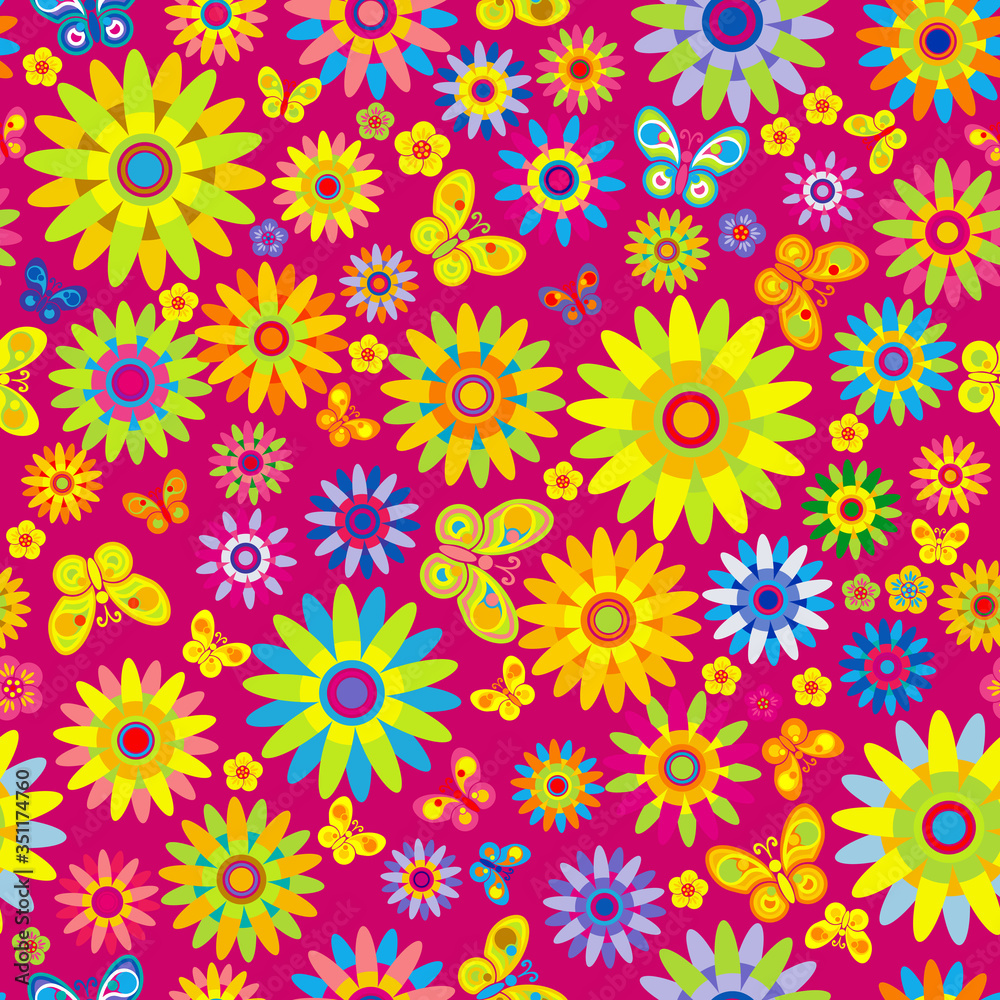 Vector seamless - spring flower pattern with butterfly