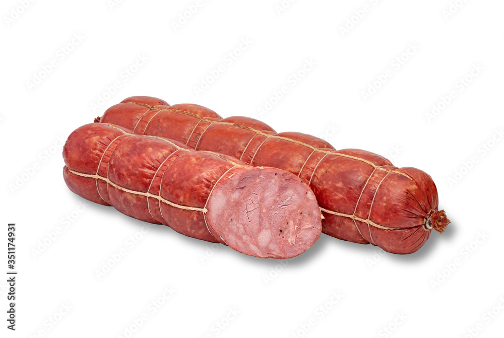 Boiled and smoked sausage cut into two pieces on white background