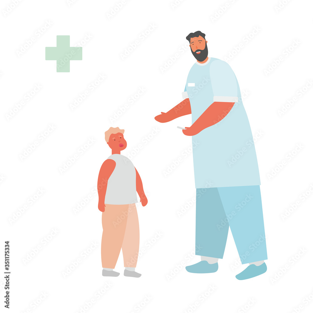 Otolaryngologist examines the throat of a boy. Doctor's appointment. Cartoon vector illustration