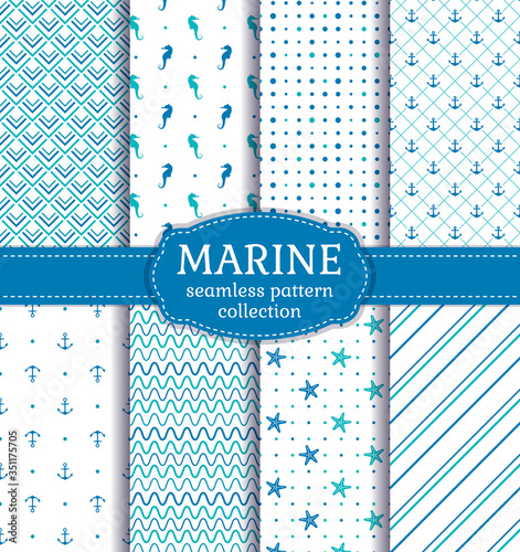 Sea and nautical seamless patterns set. Vector.